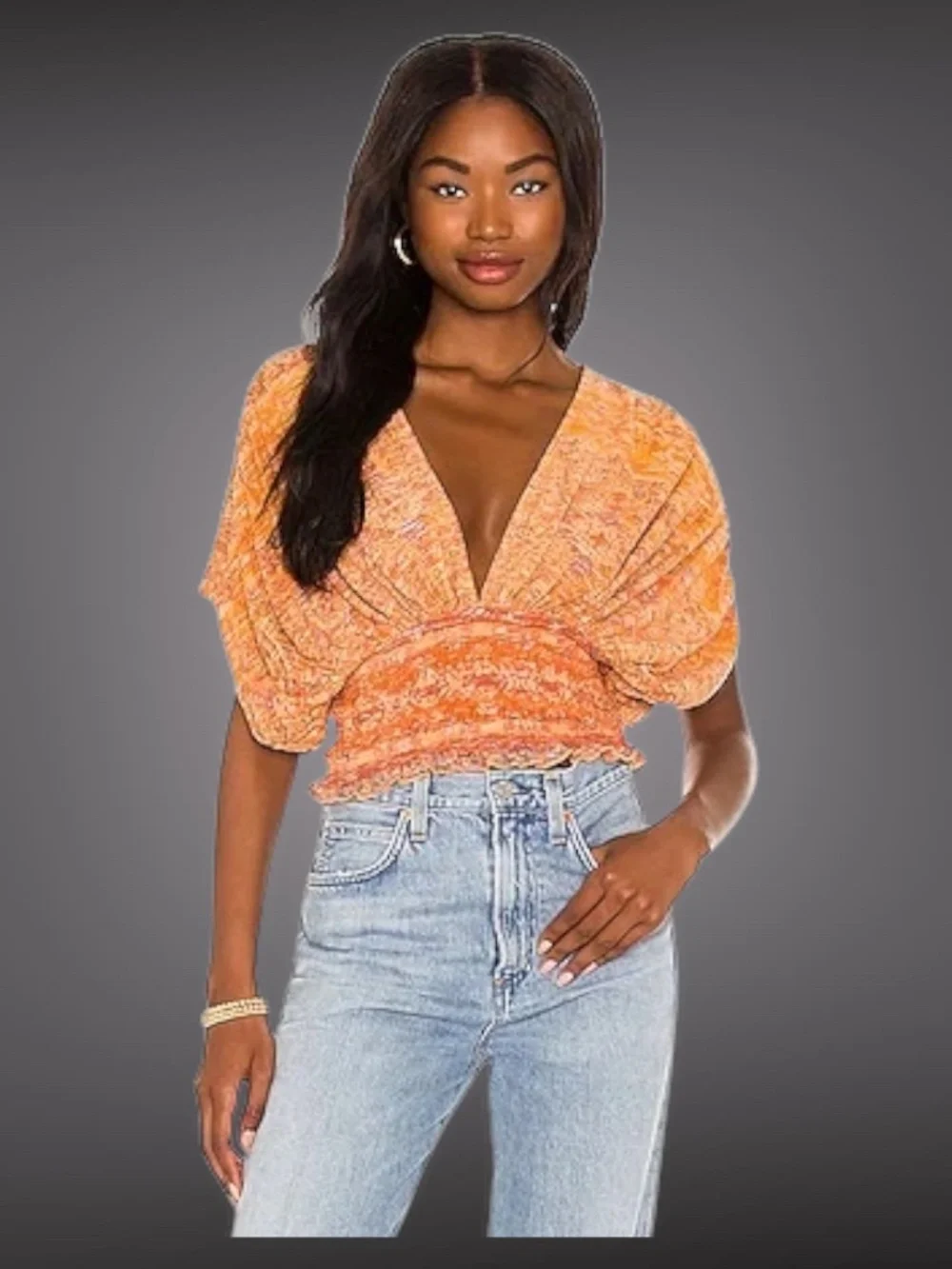 FREE PEOPLE Next Vacation M Top Deep V-Neck Wide Smocked Waist Pretty Blues NWT